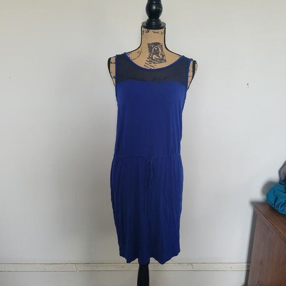 Medium The Limited mesh yoke royal blue & black drawstring dropwaist knit dress - Picture 3 of 7